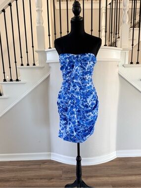 MORE TO COME Natalie Strapless Mini Dress Blue Floral Ruched Revolve NWOT L
